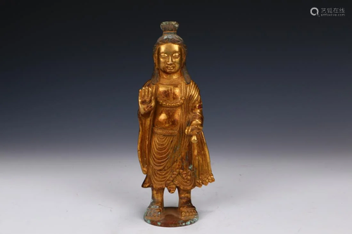 A GILT BRONZE FIGURE STATUE OF STANDING BUDDHA