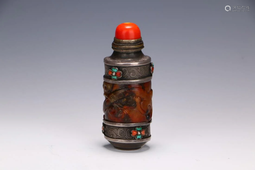 AGATE AND GEMSTONE INLAID SILVER SNUFF BOTTLE