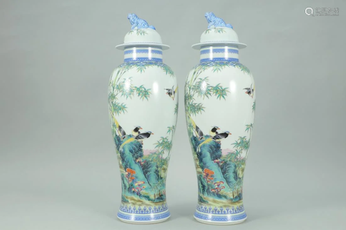 PAIR OF ENAMELLED 'BAMBOO AND BIRD' JAR WI…