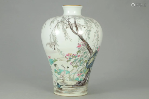 FAMILLE ROSE 'EGRETS AND WILLOW' MEIPING VASE