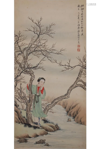 CHINESE FIGURE PAINTING OF A LADY BY CREEK