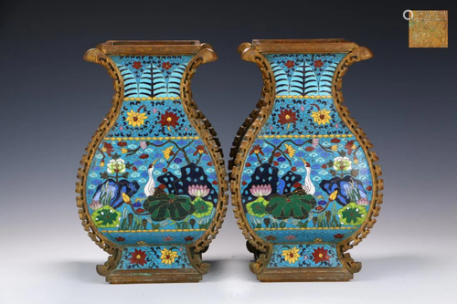 A PAIR OF GILT BRONZE CLOISONNE 'LOTUS' VASE