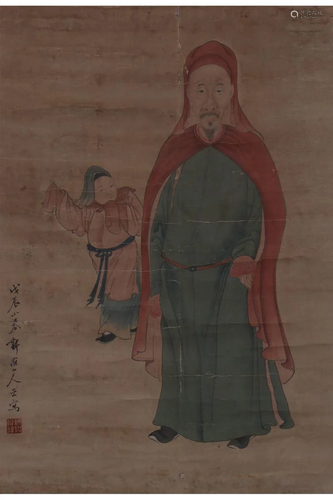 CHINESE FIGURE PAINTING OF A RED CAPED …