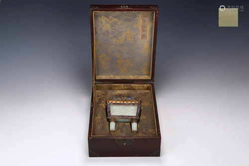 CLOISONNE JADE CARVING CENSER IN BOX