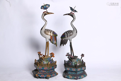 PAIR OF GILT BRONZE CLOISONNE CRANE ORNAM…