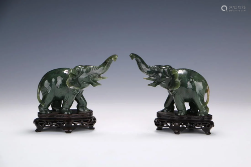 PAIR OF CARVED JASPER JADE ELEPHANTS