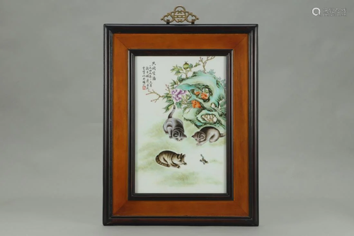 FRAMED FAMILLE ROSE CATS PORCELAIN HANGING …