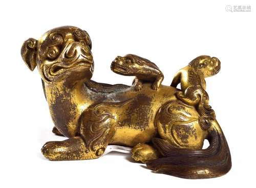 CHINA \nGilt bronze statuette of a chimera sitting …