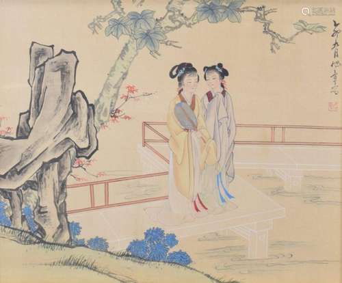 CHINA \nSilk painting of two women in a garden \nHas…