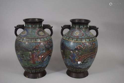 JAPAN, circa 1900 \nPair of bronze vases with clois…