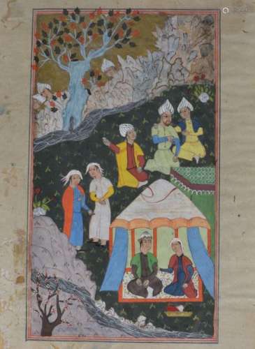 Illuminated page on one side of a scene of charact…