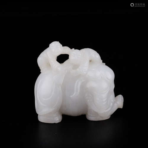 CHINESE WHITE JADE CARVED BOY AND ELEPHANT