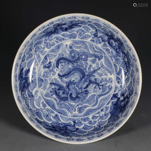 CHINESE BLUE WHITE DRAGON PORCELAIN PLATE