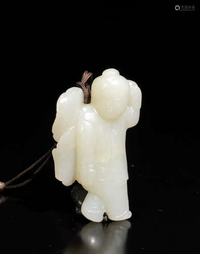 CHINESE WHITE JADE CARVED BOY PENDANT