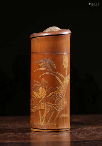 CHINESE BAMBOO CARVED INCENSE CONTAINER