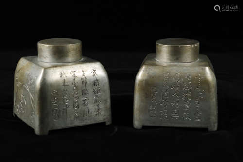 CHINESE PEWTER TEA CATTY, PAIR