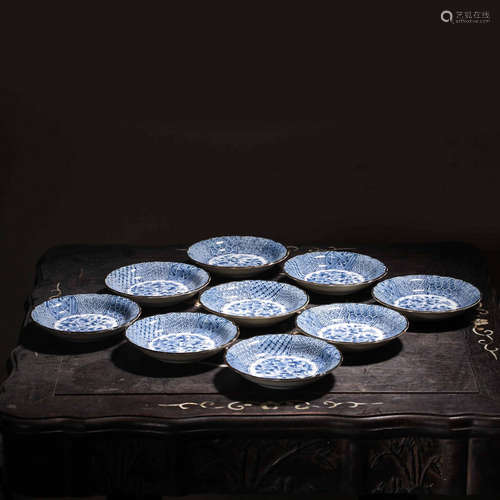 CHINESE BLUE WHITE PORCELAIN PLATES, 9 PIECES