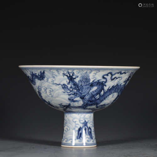 CHINESE BLUE WHITE DRAGON PORCELAIN STEM BOWL