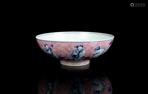 CHINESE BLUE WHITE PORCELAIN BOWL, 8 IMMORTALS