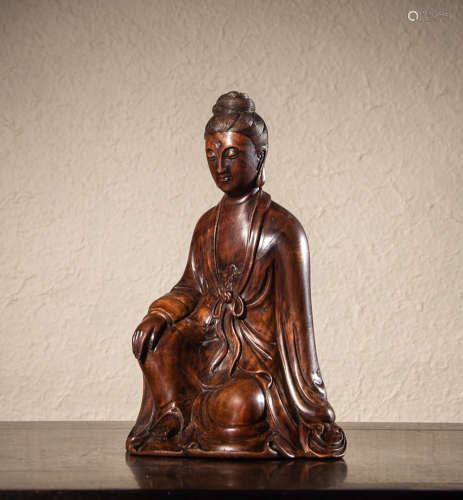 CHINESE HUALI WOOD CARVED SEATED GUANYIN