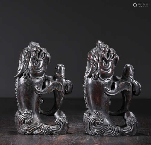 CHINESE ROSEWOOD CARVED CARP, PAIR