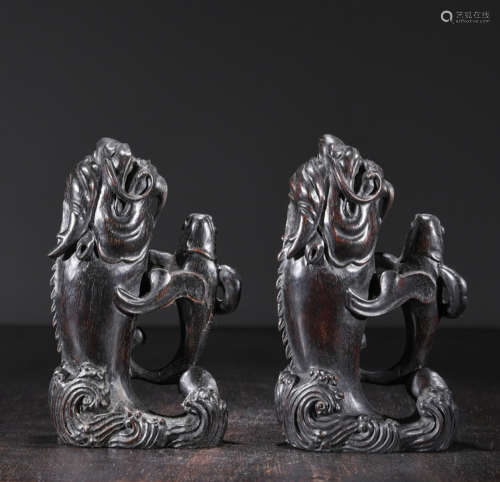 CHINESE ROSEWOOD CARVED CARP, PAIR