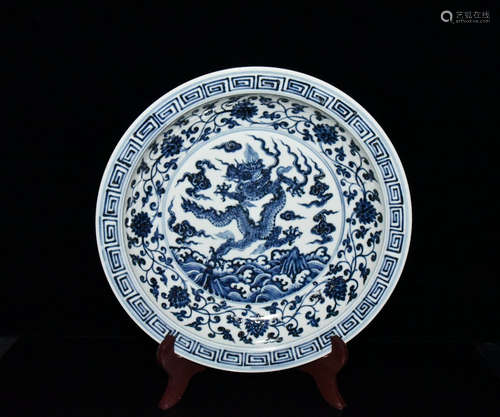 CHINESE BLUE WHITE DRAGON PORCELAIN PLATE