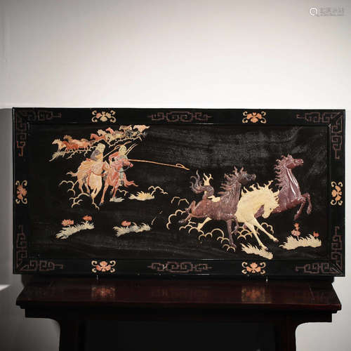 CHINESE SOAPSTONE ON LACQUER WOOD WALL PANEL