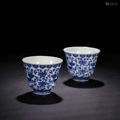 CHINESE BLUE WHITE PORCELAIN CUPS, PAIR