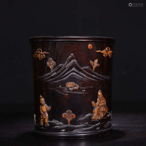 CHINESE ROSEWOOD CARVED BRUSH POT