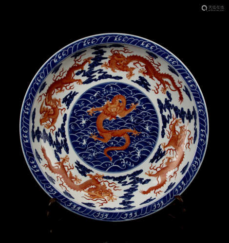 CHINESE BLUE WHITE IRON RED DRAGON CHARGER