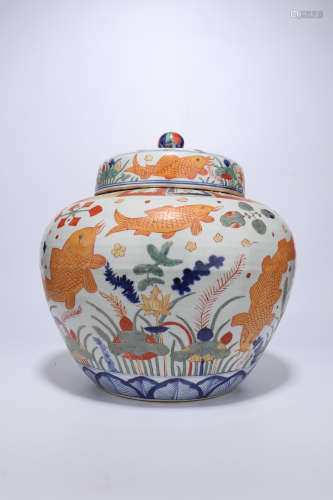 Ming Dynasty blue and white colorful lotus cover jar