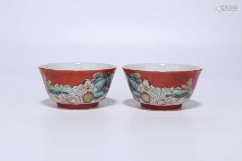 Qing Dynasty red glaze famille rose porcelain cups