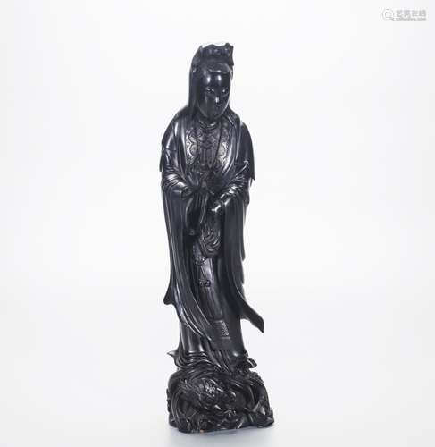 CHINESE LACQUER WOOD CARVED STANDING GUANYIN