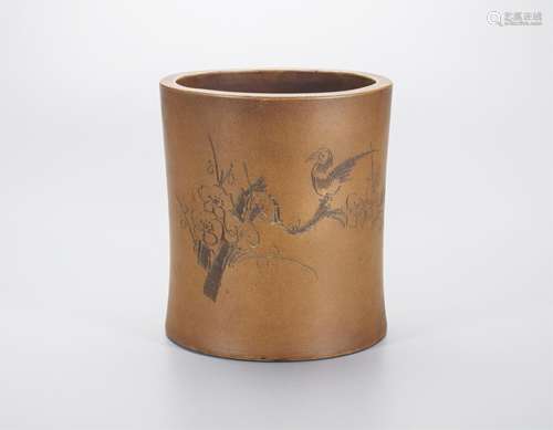 CHINESE YIXING ZISHA CARVED BRUSH POT