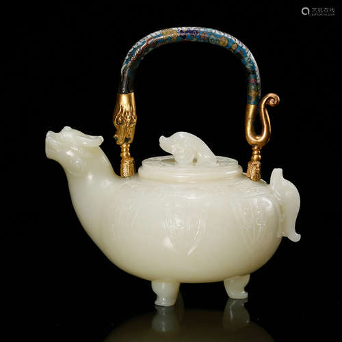 CHINESE WHITE JADE TEA POT WITH CLOISONNE HANDLE