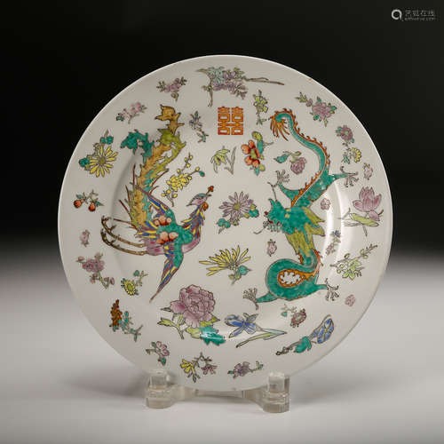 CHINESE FAMILLE ROSE DRAGON PHOENIX PORCELAIN PLAT