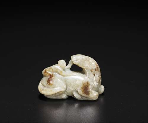 CHINESE CELADON JADE CARVED MONKEY ON HORSEBACK