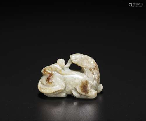 CHINESE CELADON JADE CARVED MONKEY ON HORSEBACK