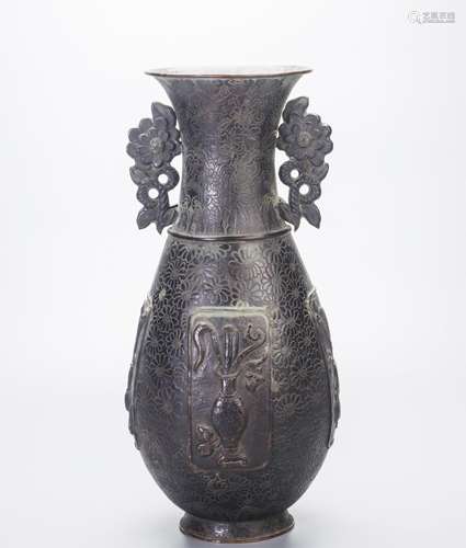 CHINESE BRONZE VASE, FLORAL MOTIF, MARKED