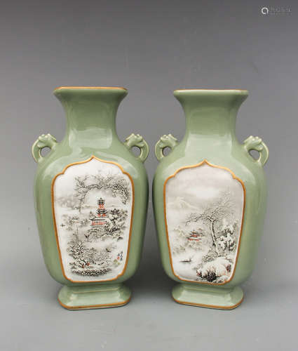 CHINESE CELADON GLAZED PORCELAIN VASE, SNOW SCENE