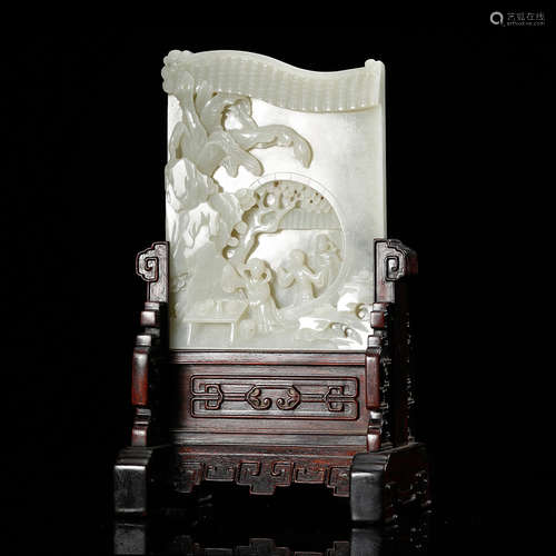 CHINESE WHITE JADE CARVED TABLE SCREEN