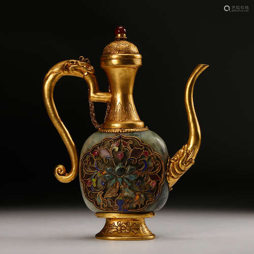 CHINESE GILT SILVER WINE EWER WITH INLAID