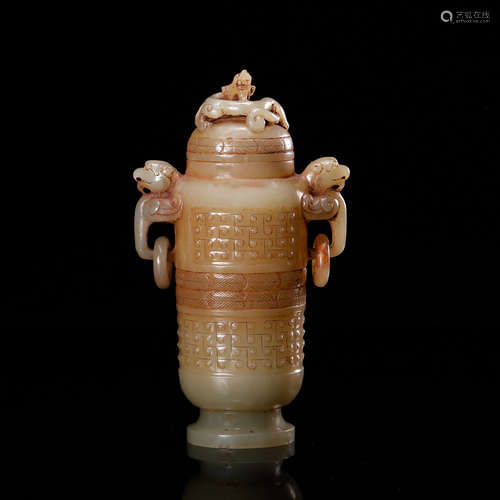 CHINESE ARCHAISTIC JADE COVER VASE