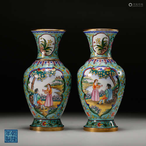 CHINESE BRONZE ENAMELED FIGURINE VASES, PAIR