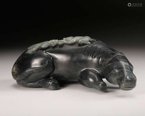 CHINESE BLACK AND WHITE JADE WATER BUFFALO