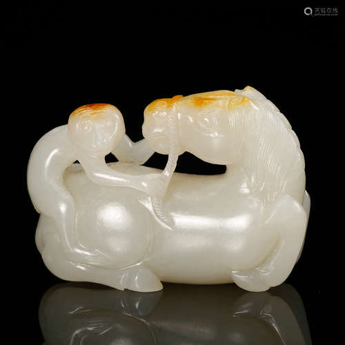 CHINESE WHITE JADE MONKEY ON HORSEBACK