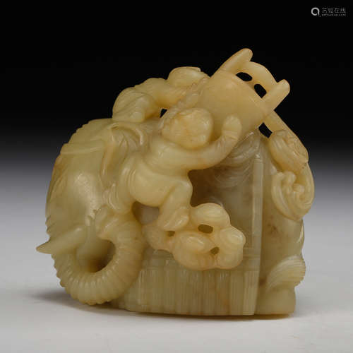 CHINESE YELLOW JADE BOY ON ELEPHANT