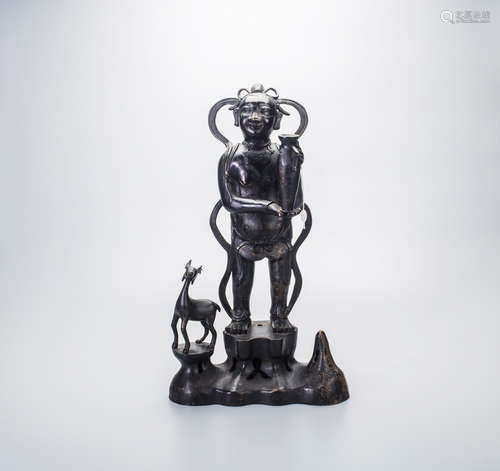 CHINESE BRONZE FIGURE OF BOY HOLDING VASE