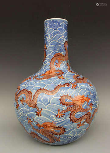 CHINESE BLUE WHITE IRON RED DRAGON VASE, MARKED